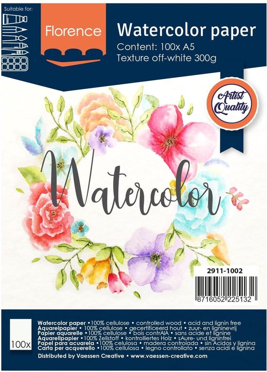Aquarelpapier - Off White - A5 - 300 grams - Lichte Structuur - Texture - Florence - 100 vellen