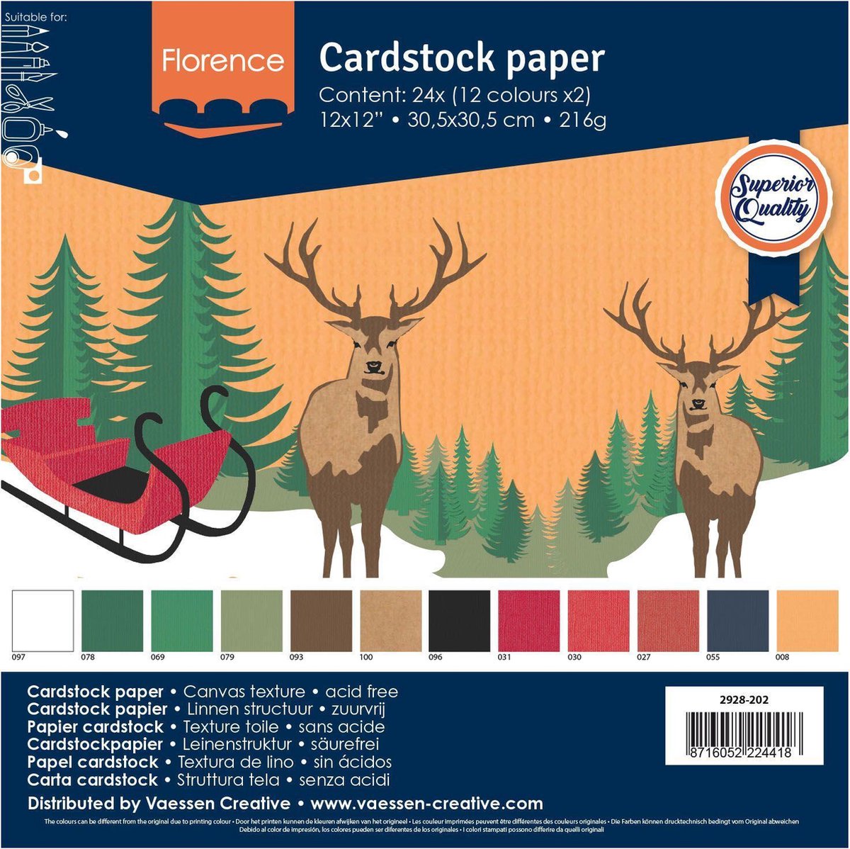 Florence Karton - Kerst Kleuren - 305x305 - Ruwe textuur - 216g - 24 vellen