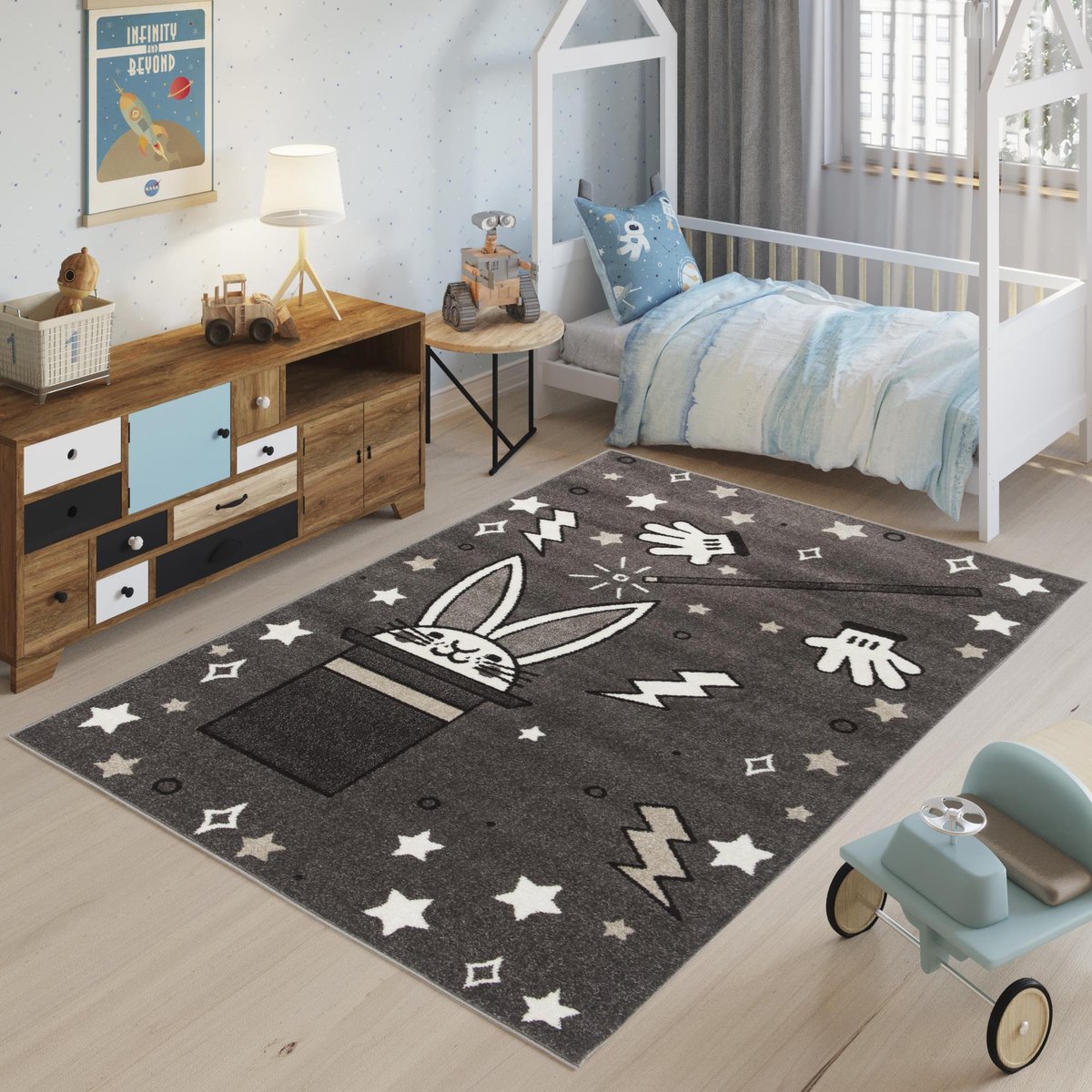 Tapiso Fiesta Kinderkamer Grijs Speeltapijt Tapijt Maat- 133x190 Donkergrijs Wit