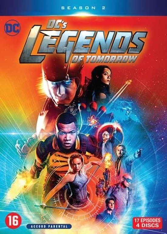 DVD-hoes van DC's Legends of Tomorrow Seizoen 2 met de cast en een oranje gloed.