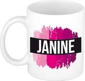 Janine  naam cadeau mok / beker met roze verfstrepen - Cadeau collega/ moederdag/ verjaardag of als persoonlijke mok werknemers