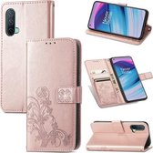 Voor OnePlus Nord CE 5G Vierbladige sluiting Reliëfgesp Mobiele telefoonbescherming Lederen tas met lanyard & kaartsleuf & portemonnee & beugelfunctie (roségoud)
