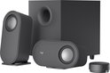 Zwarte Logitech speakerset met twee satellieten, een subwoofer en een draadloze bedieningsknop.