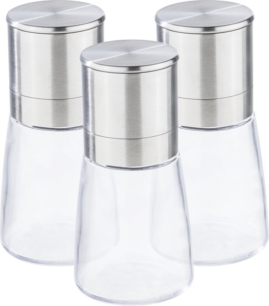 Set van 3x stuks kruidenmolen/pepermolen/zoutmolen RVS/glas  transparant/zilver 13 cm... | bol.com