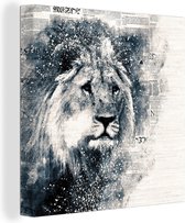 Canvas Schilderij Leeuw - Krant - Blauw - 90x90 cm - Wanddecoratie