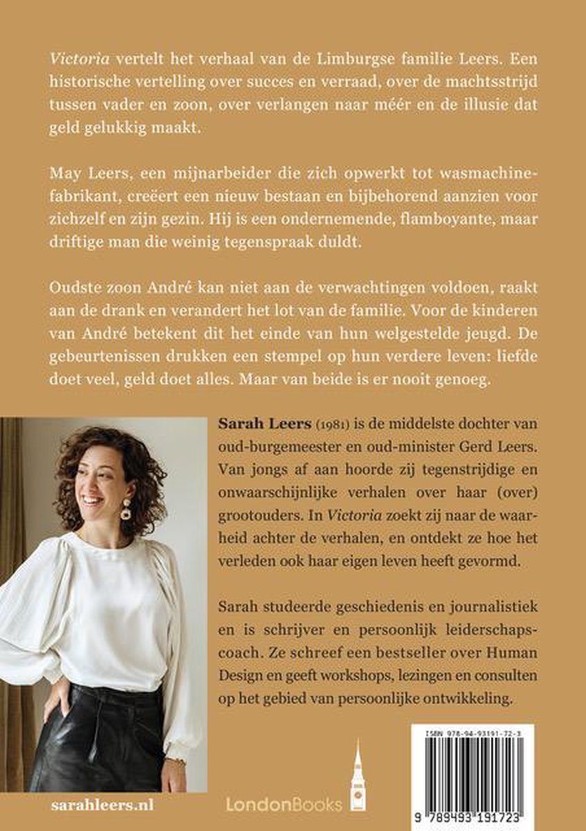 Achterkant boek met tekst en foto van Sarah Leers, met LondenBooks logo.