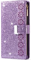 iPhone 12 Mini Luxe Glitter Book Case Hoesje met Koord - Bloemenpatroon - Magnetische Sluiting - Portemonnee met Rits - Pasjeshouder - Apple iPhone 12 Mini - Paars