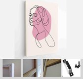 One line woman portrait and leaves in contemporary abstract style with colorful shapes. Vector hand drawn illustration - Modern Art Canvas - Vertical - 1908571222 - 50*40 Vertical