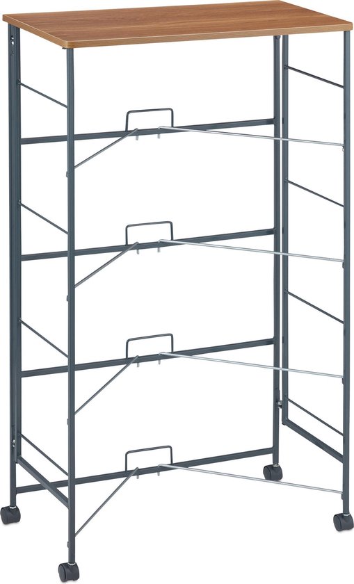 Leeg grijs metalen frame van een ladekast met houten bovenblad en wielen.