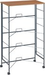 Leeg grijs metalen frame van een ladekast met houten bovenblad en wielen.