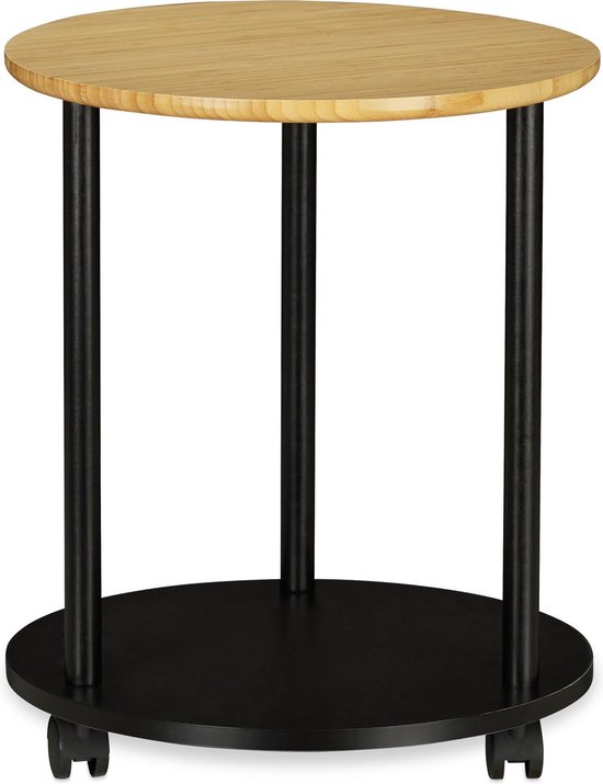 Relaxdays bijzettafel rond, met wieltjes, verrijdbaar, modern design, bamboe, tafeltje, HxD: 59x60 cm, zwart/naturel