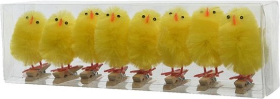 Decoris Decoratie kuikentjes - 8x stuks - geel - op clip - 5,5 cm - Paasversiering / Paasdecoratie - Paaskuikentjes