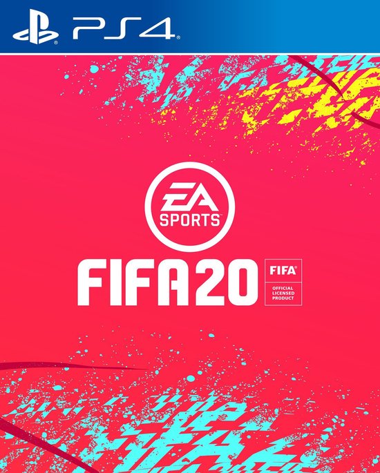 FIFA 20 logo op een rode achtergrond met abstracte blauwe en gele spetters.