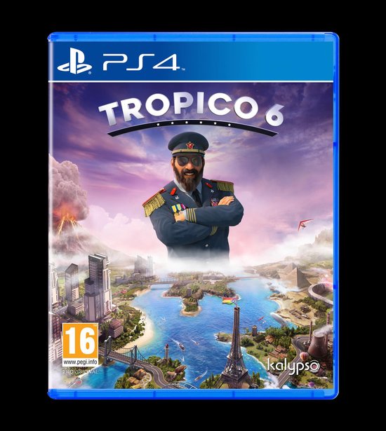 PlayStation 4 hoes van Tropico 6 met een man in militair uniform, een vulkaan en een tropisch eiland.