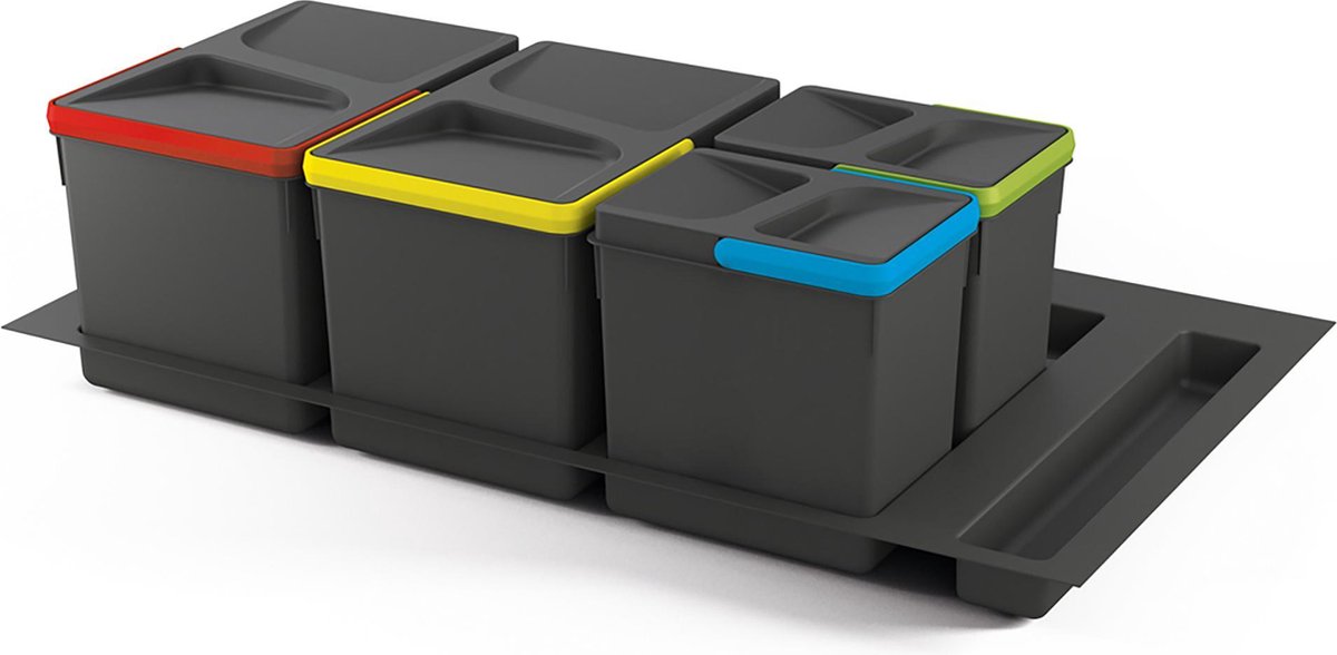 Emuca Recyclingcontainers, 12 L + 12 L + 6 L + 6 L, unit 900 mm, Kunststof, Actraciet grijs, 4 ud. + basis
