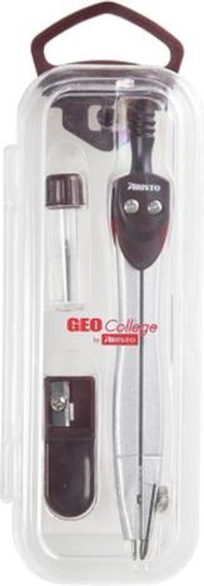 Aristo Geo College passer set in transparante koffer met potlood, puntenslijper en reserveonderdelen.