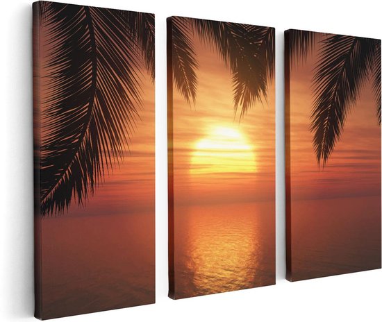 Artaza Canvas Schilderij Drieluik Zonsondergang Op Het Strand Met Palmbomen - 120x80 - Foto Op Canvas - Canvas Print