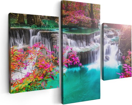 Artaza Canvas Schilderij Drieluik Waterval In De Herfst Met Kleurrijke Bloemen - 90x60 - Foto Op Canvas - Canvas Print