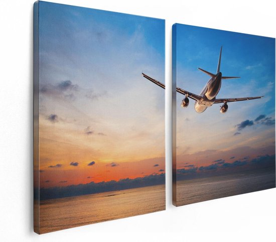 Artaza Canvas Schilderij Tweeluik Vliegtuig Boven De Zee Bij Zonsondergang - 120x80 - Foto Op Canvas - Canvas Print