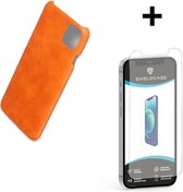 Shieldcase geschikt voor Apple iPhone 12 / 12 Pro - 6.1 inch vintage leren hoesje - oranje + glazen Screen Protector