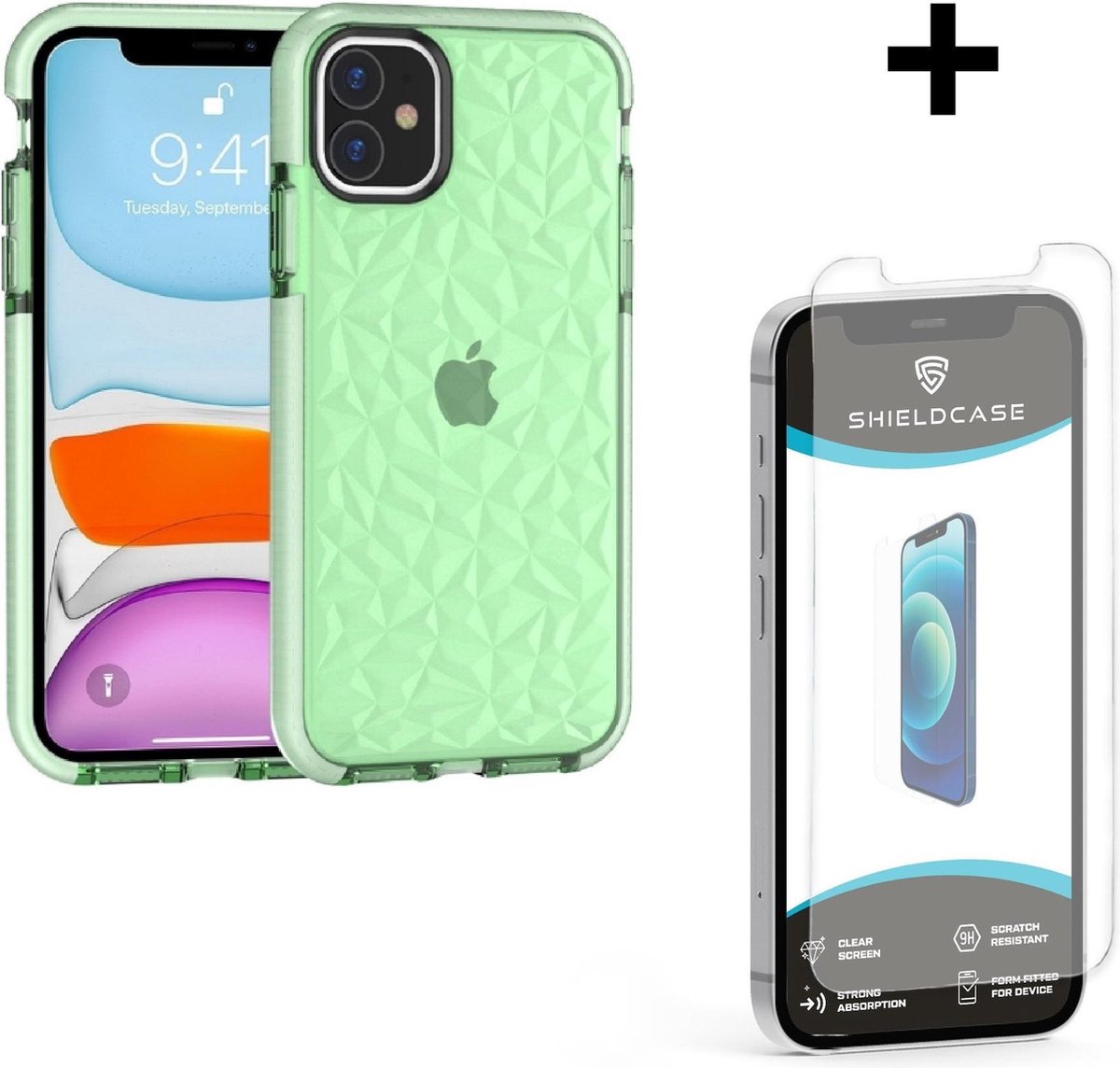 ShieldCase diamanten case geschikt voor Apple iPhone 12 / 12 Pro - 6.1 inch - groen + glazen Screen Protector - Beschermhoesje groen met screenprotector - Hoesje plus glas screen protector