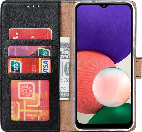 Open zwarte boekhoes voor Samsung Galaxy A22. De hoes bevat pasjes en geld. De telefoon zit in de houder.