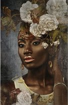 Glasschilderij - Afrikaanse Vrouw met Bloemen - 80 x 120 cm