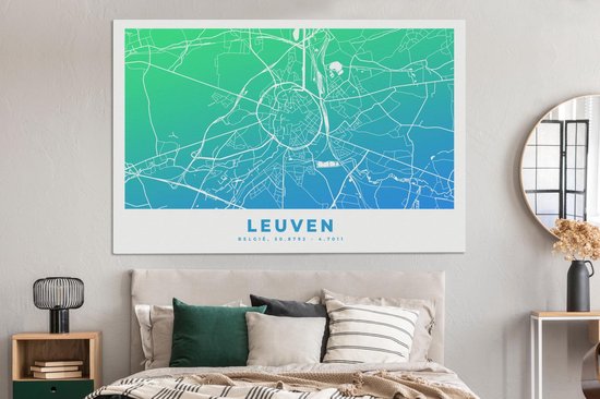Tableau sur toile Carte de ville - Louvain - Blauw - België - 180x120 cm - Décoration murale XXL