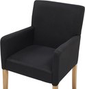 Chaise de salle à manger noire avec revêtement en tissu et pieds en bois, gros plan de l'assise et des accoudoirs.