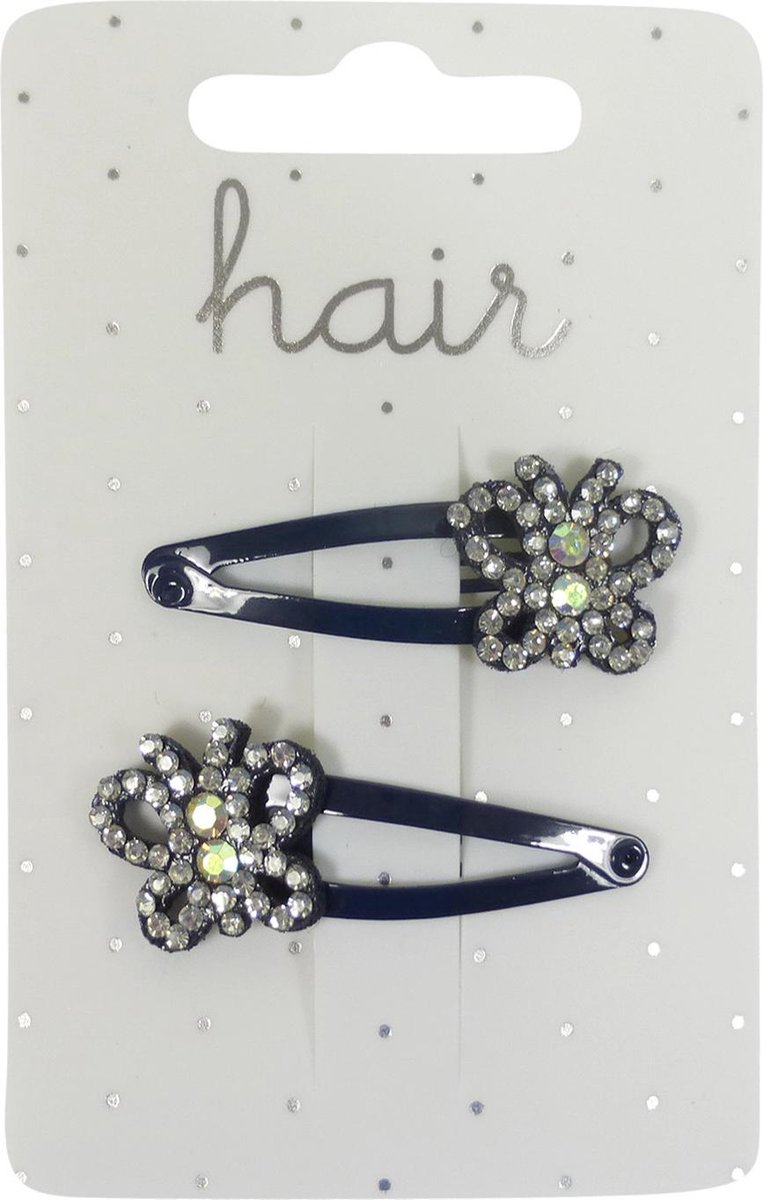 Haarspeldjes Klikklak 4.0cm Vlinder met Strass - Navy - 2 stuks
