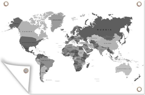 Muurdecoratie De landen zijn met verschillende tinten grijs aangegeven op de wereldkaart - zwart wit - 180x120 cm - Tuinposter - Tuindoek - Buitenposter