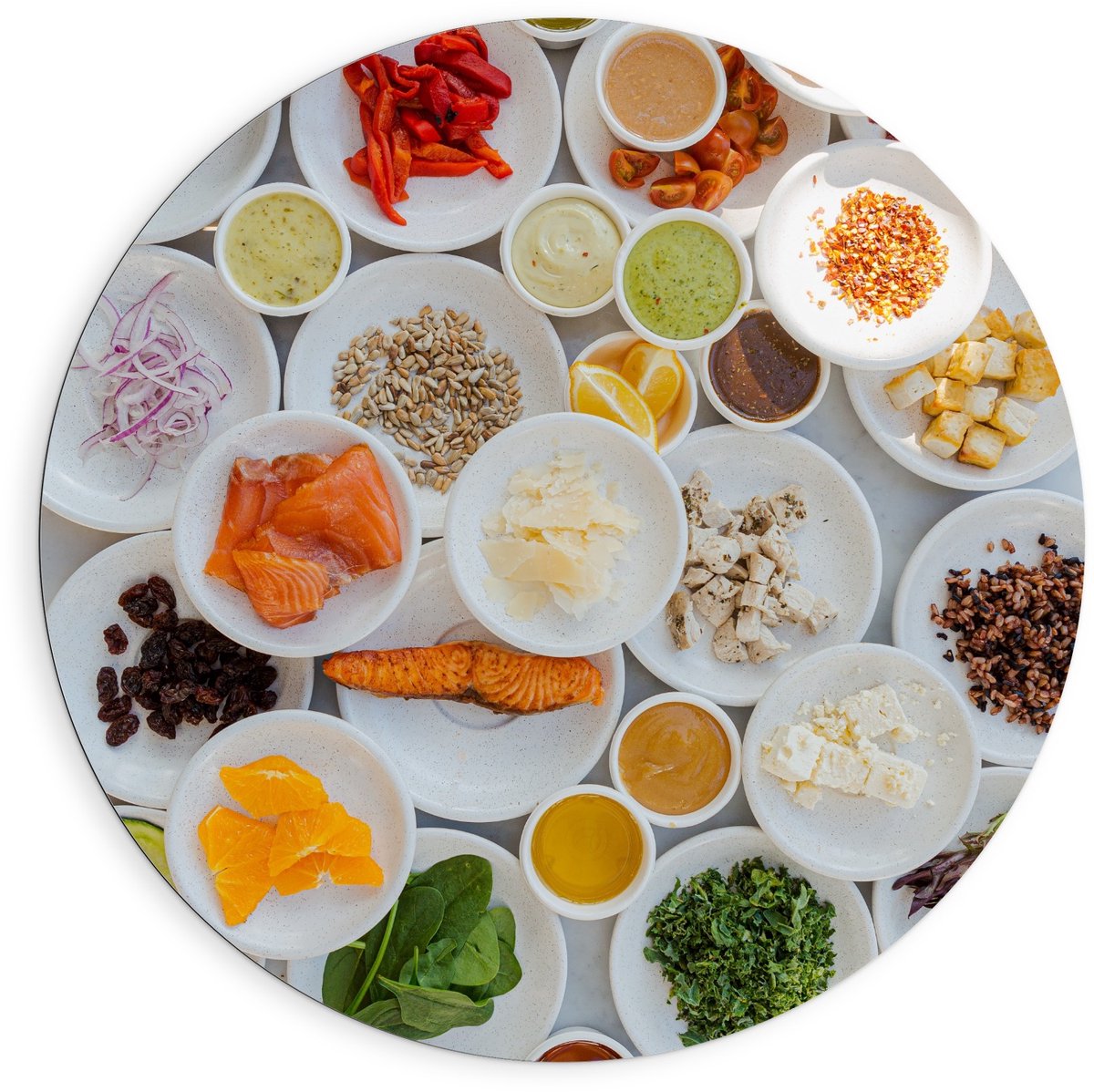 KuijsFotoprint Dibond Wandcirkel - Bakjes met Specerijen en andere Gerechten - 90x90cm Foto op Aluminium Wandcirkel (met ophangsysteem) Rood