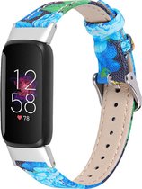YONO Leer Bandje geschikt voor Fitbit Luxe - Vervangende Leren Armband - Bloemen Blauw