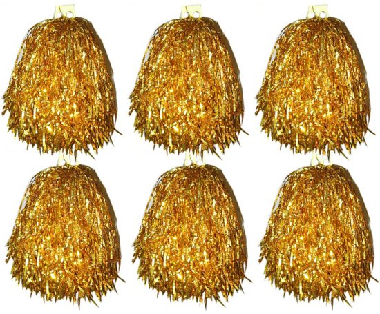 6x Stuks cheerball/pompom goud met ringgreep 33 cm - Cheerleader verkleed accessoires