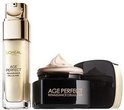 Een glazen flesje Age Perfect serum en een zwarte pot crème met gouden deksel, beide met lichte crème erin.