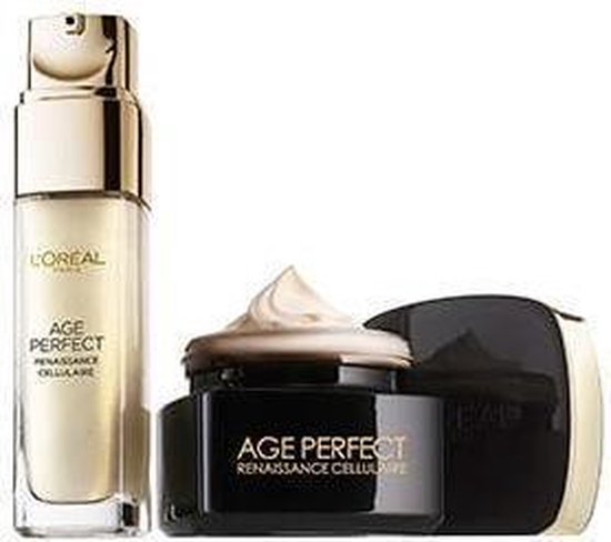 Een glazen flesje Age Perfect serum en een zwarte pot crème met gouden deksel, beide met lichte crème erin.