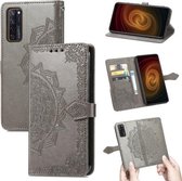 Voor ZTE Axon 20 5G Mandala Bloem Reliëf Horizontale Flip Lederen Case met Houder & Drie Kaartsleuven & Portemonnee & Lanyard (Grijs)