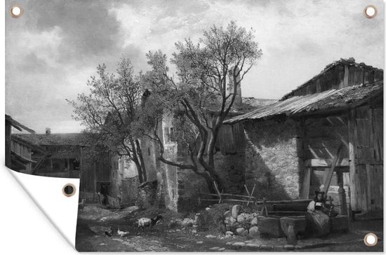Een boerderij met een boerin en dieren - schilderij van Alexandre Calame - zwart wit