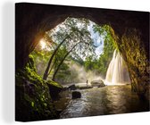 Canvas Schilderij Doorkijk Waterval Grot - Bomen - Buiten - 30x20 cm - Wanddecoratie