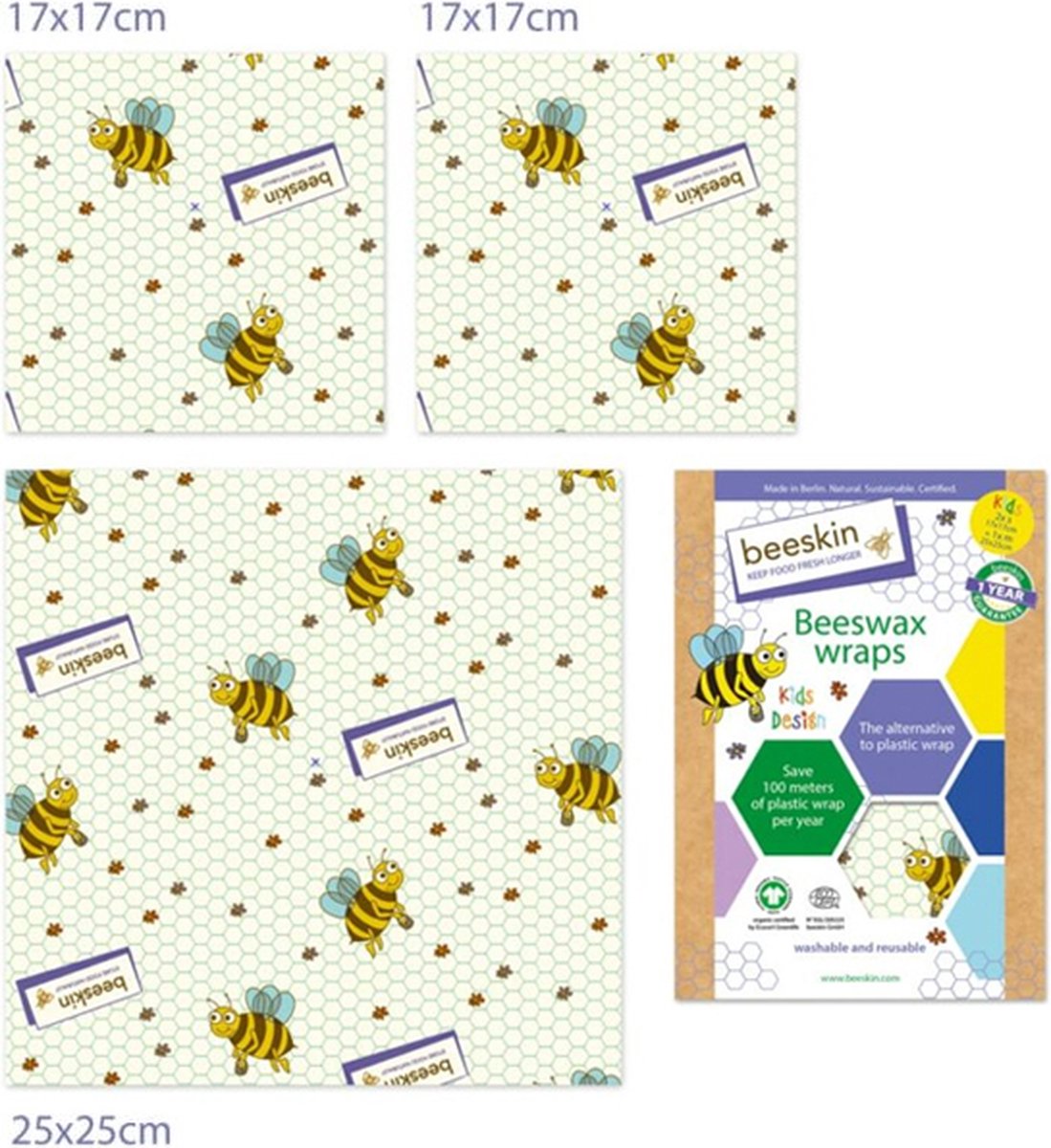 Goedkoopste Beeskin Bijenwasdoeken Set - 2x Small en 1x Medium - Alternatief voor huishoudfolie - Kids print
