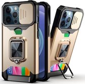 Sliding Camera Cover Design PC + TPU schokbestendig hoesje met ringhouder en kaartsleuf voor iPhone 13 Pro (goud)