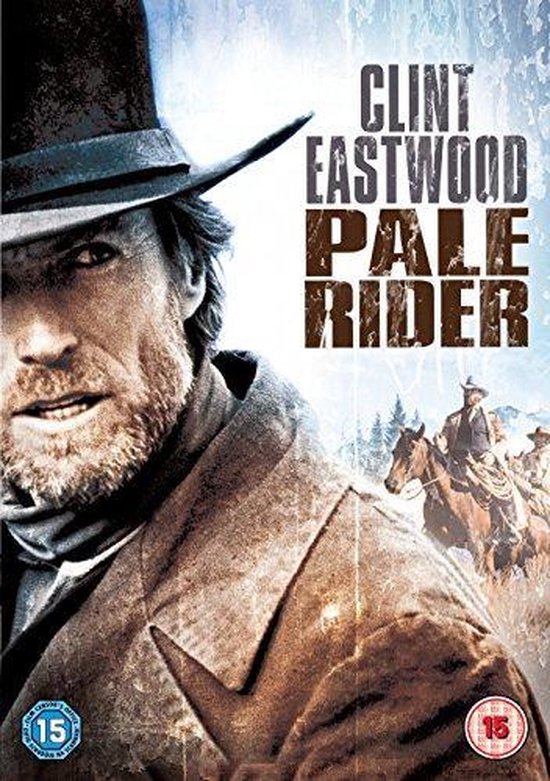 Filmcover van 'Pale Rider' met een close-up van Clint Eastwood met baard en hoed, en op de achtergrond een scène te paard.