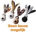 Vier hondenspeeltjes met dierenprint: luipaard, tijger, giraf en zebra. Met de tekst 'Geen keuze mogelijk' in het oranje.