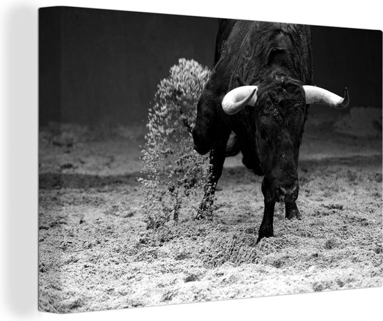 Canvas Schilderij Een stier die aan het rennen is in een zandbak - zwart wit - 120x80 cm - Wanddecoratie
