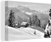 Canvas Schilderij Hut in het winterse landschap van Zwitserland - zwart wit - 60x40 cm - Wanddecoratie