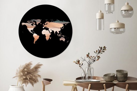 Wall Circle - Wall Circle - Wereldkaart - Koper - Blauw - Aluminium - Dibond - 120x120 cm - Intérieur et Extérieur XXL