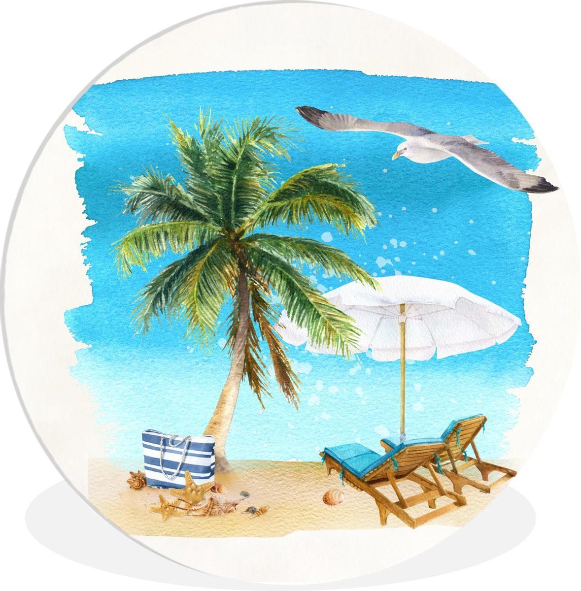 WallCircle - Wandcirkel ? 90 - Strandstoel - Parasol - Palmboom - Ronde schilderijen woonk