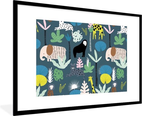 Fotolijst incl. Poster - Dieren - Planten - Jungle - Blauw - 90x60 cm - Posterlijst