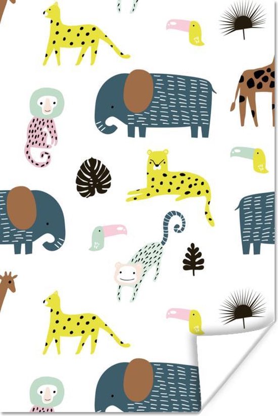 Poster Dieren - Olifant - Aap - Wit - 20x30 cm