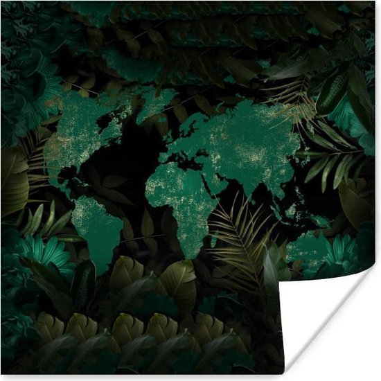 Muurdecoratie - Wereldkaart - Groen - Planten - 50x50 cm - Poster